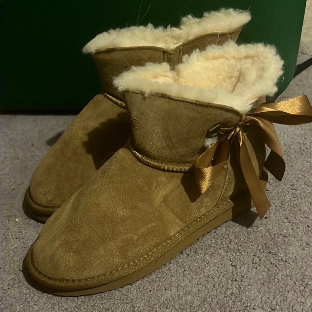 Cozy Bear Paw Tan Suede Boots with Ribbon Detail